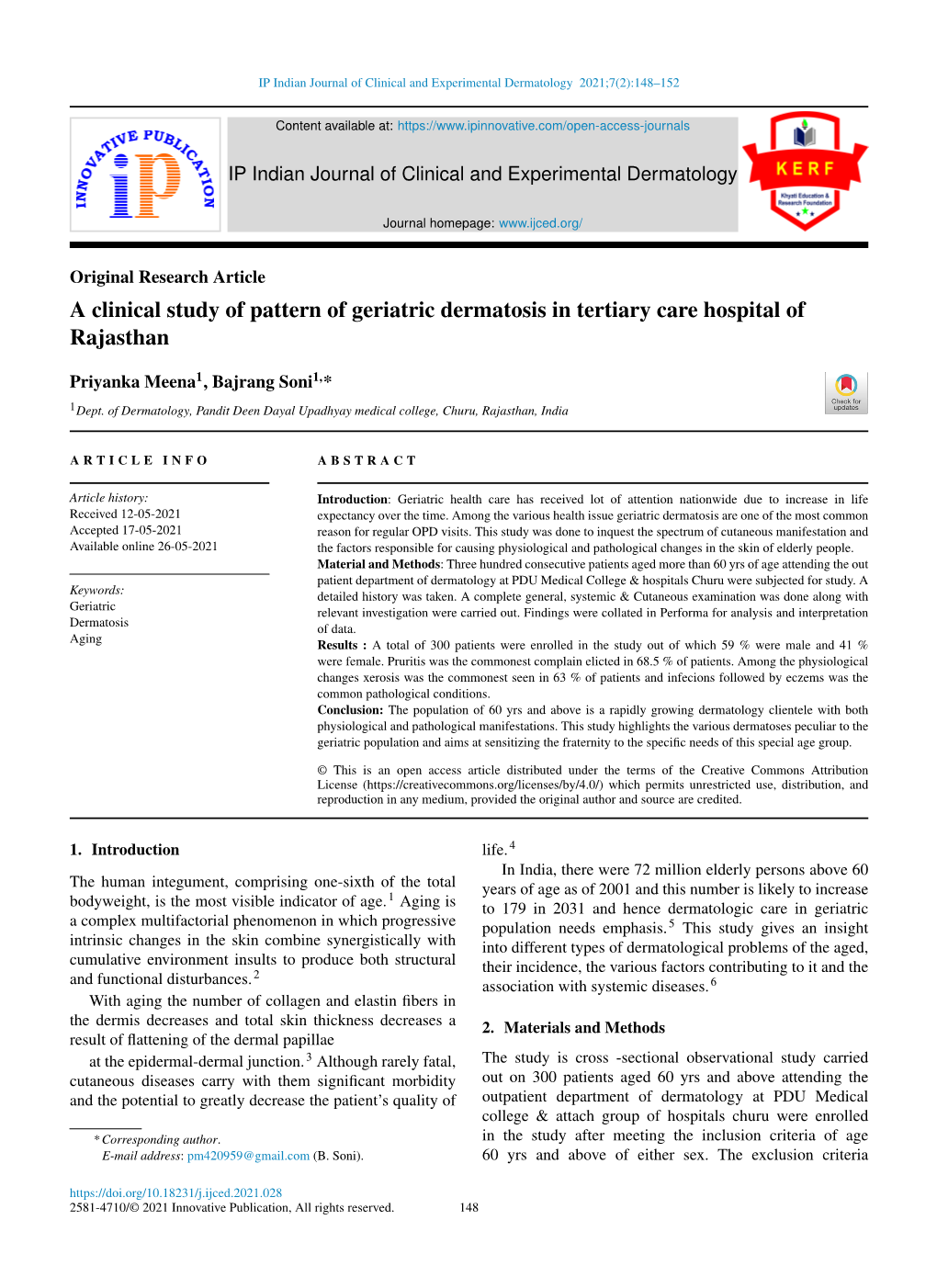 A Clinical Study of Pattern of Geriatric Dermatosis in Tertiary Care Hospital of Rajasthan