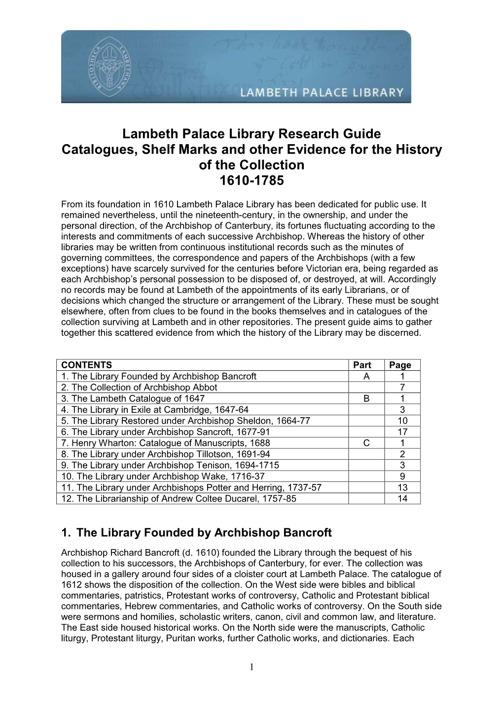 Lambeth Palace Library Research Guide Catalogues, Shelf Marks and Other Evidence for the History of the Collection 1610-1785