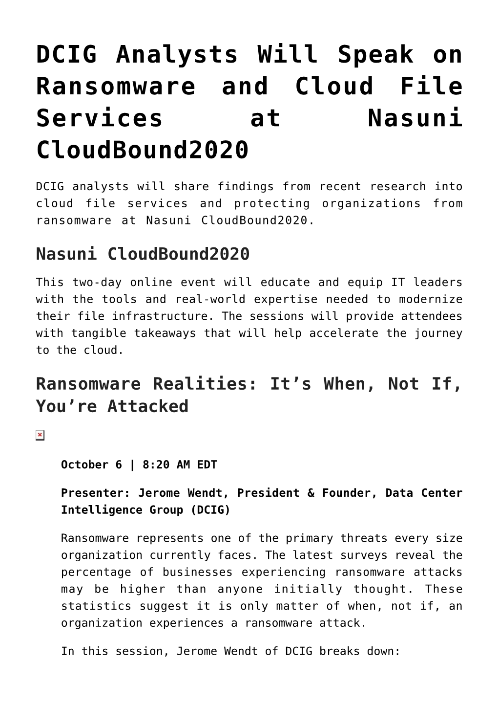 DCIG Analysts Will Speak on Ransomware and Cloud File Services at Nasuni Cloudbound2020