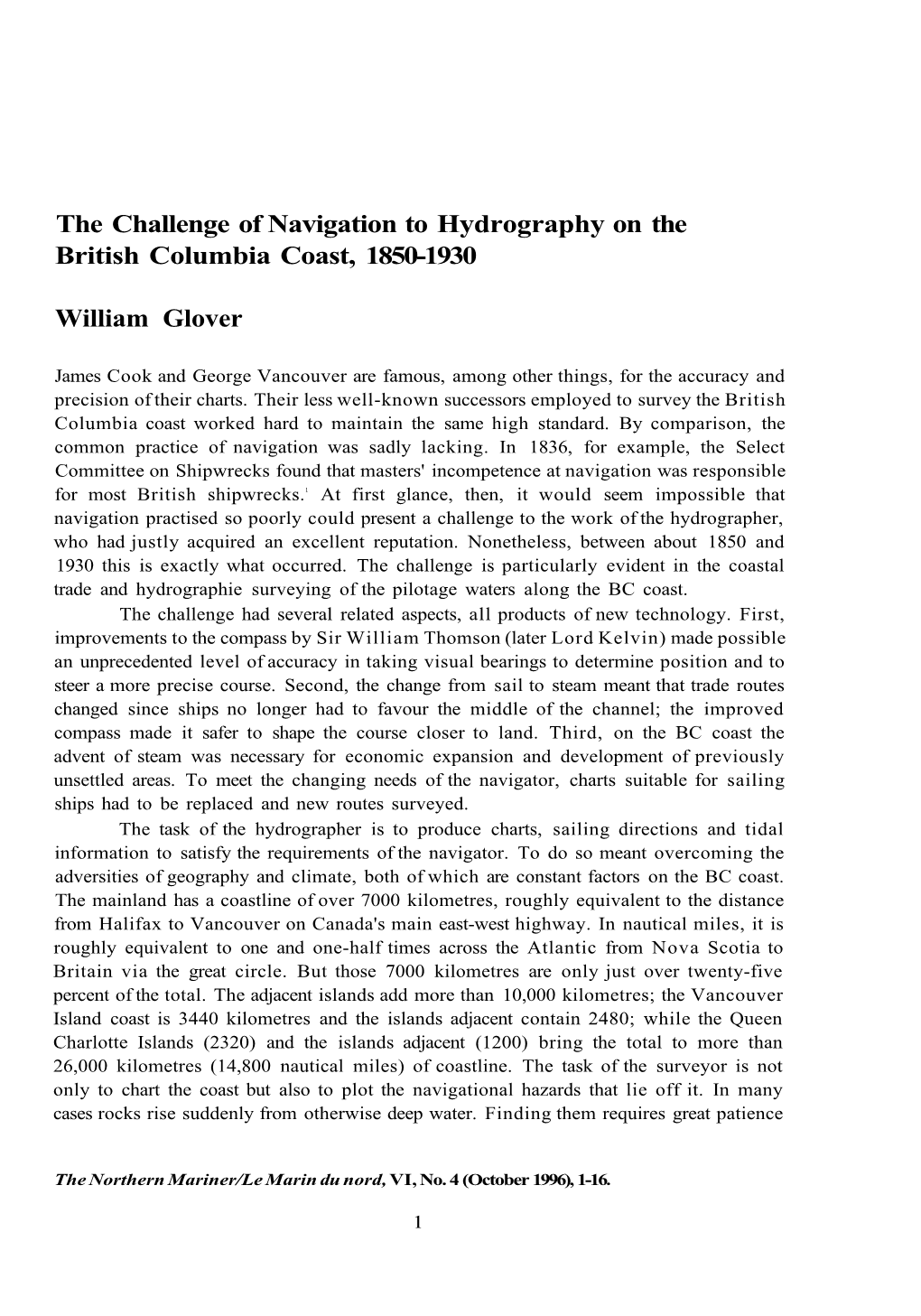 The Challenge of Navigation to Hydrography on the British Columbia Coast, 1850-1930