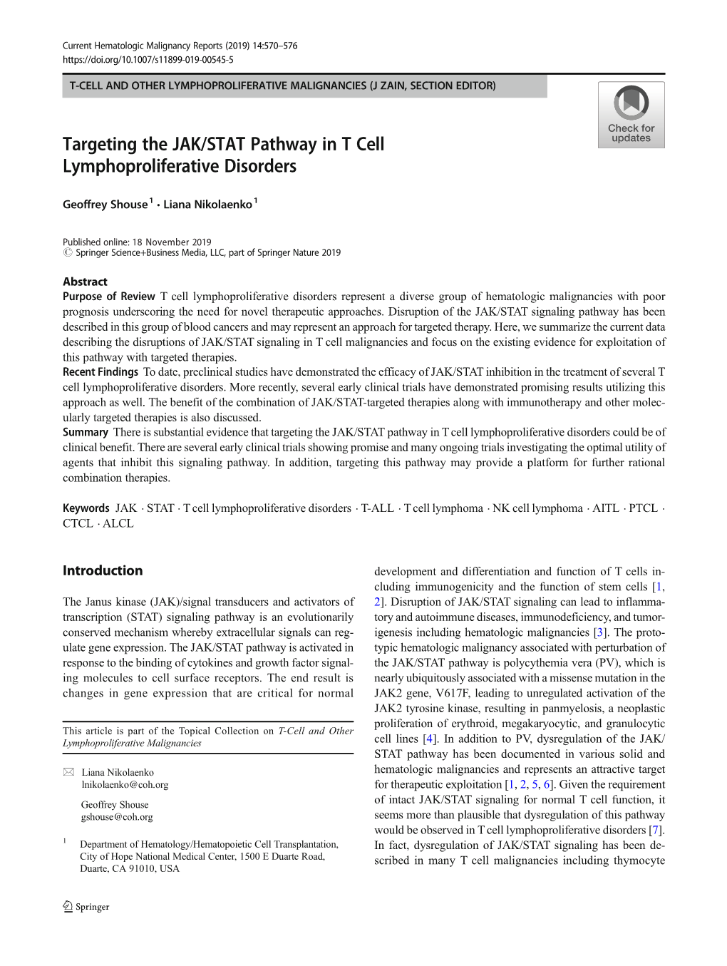 Targeting the JAK/STAT Pathway in T Cell Lymphoproliferative Disorders