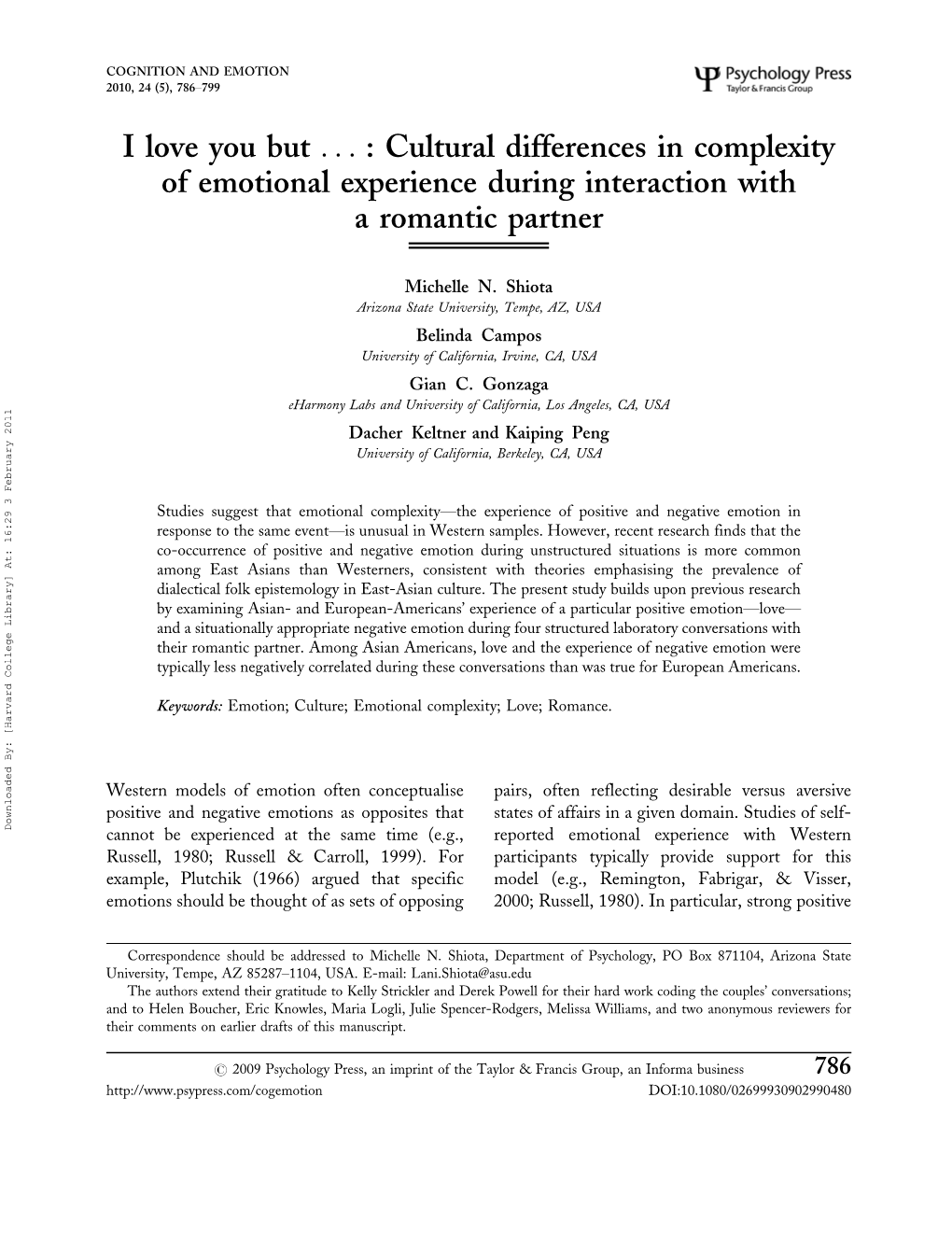 I Love You but ... : Cultural Differences in Complexity of Emotional Experience During Interaction with a Romantic Partner