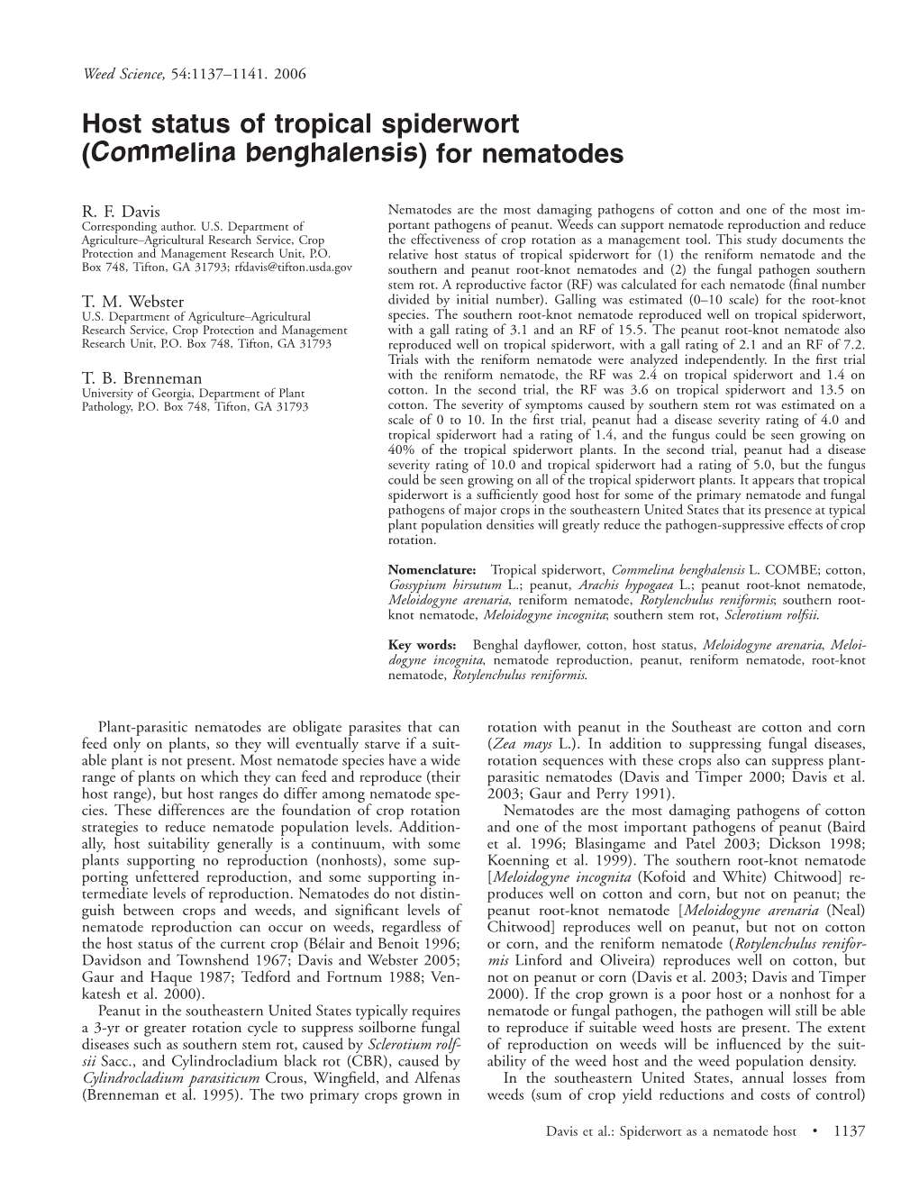 Host Status of Tropical Spiderwort (Commelina Benghalensis) for Nematodes