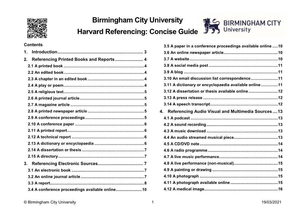 Birmingham City University Harvard Referencing: Concise Guide