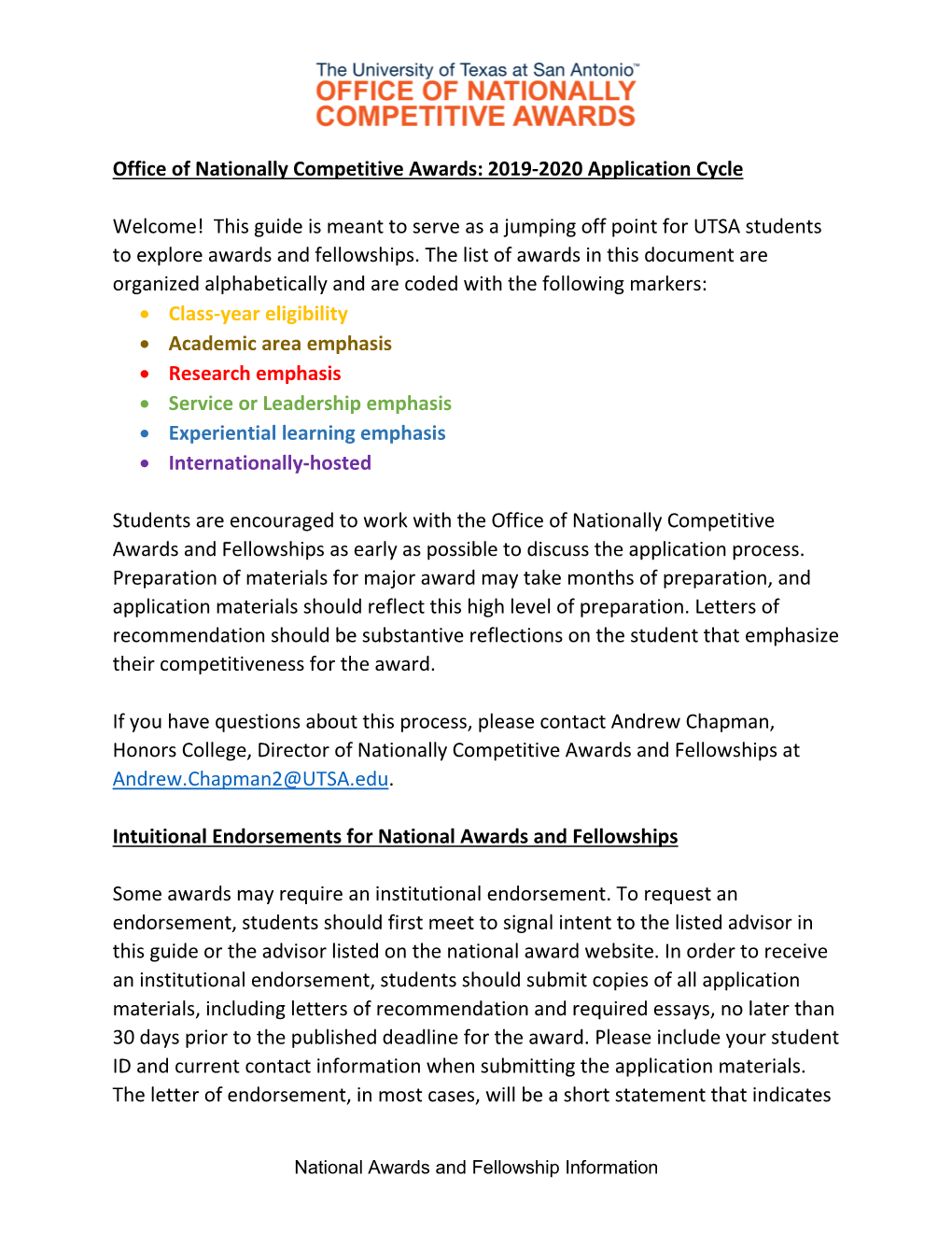 Office of Nationally Competitive Awards: 2019-2020 Application Cycle