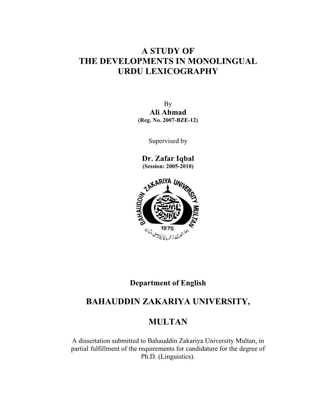 A Study of the Developments in Monolingual Urdu Lexicography