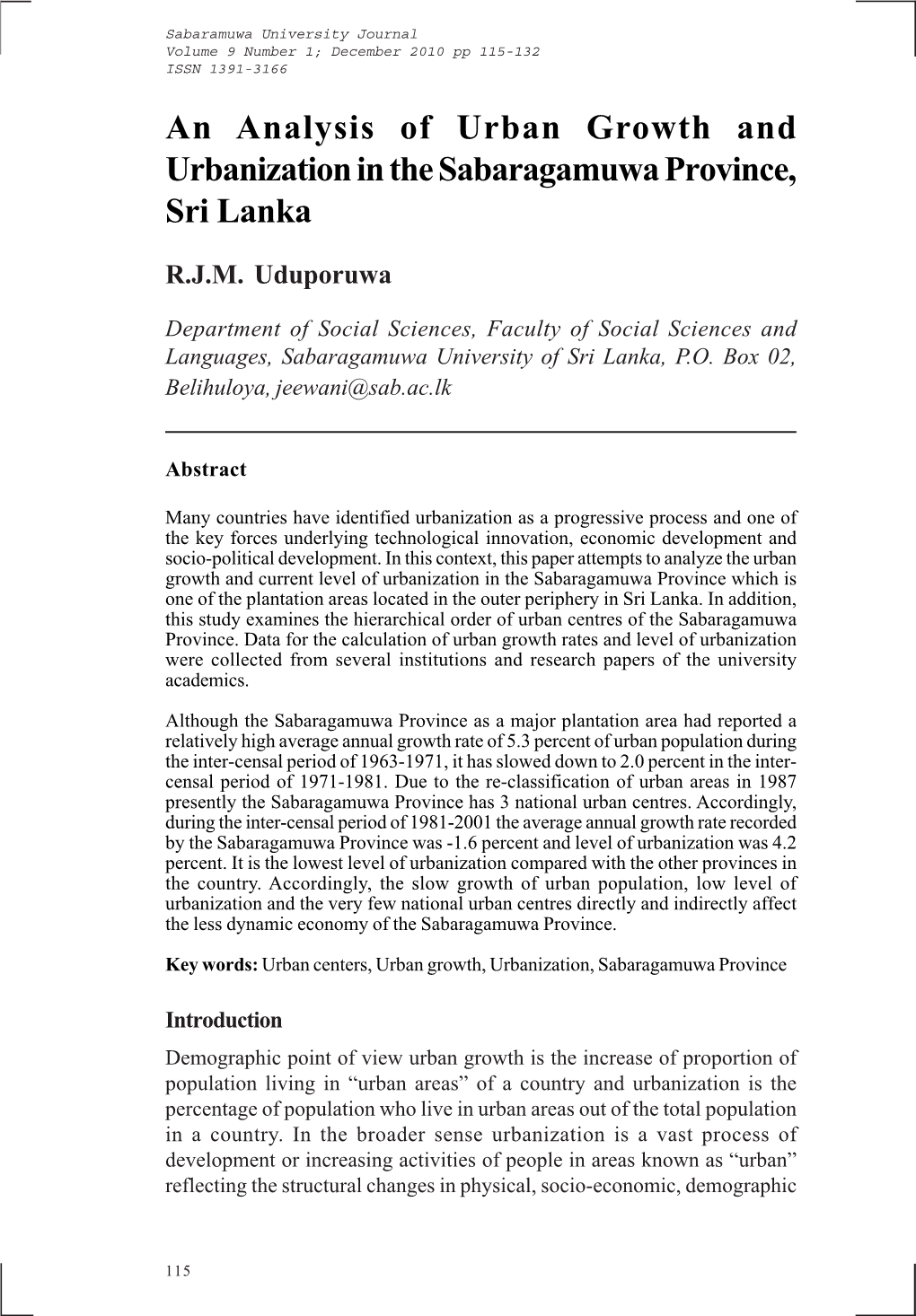 An Analysis of Urban Growth and Urbanization in the Sabaragamuwa Province, Sri Lanka