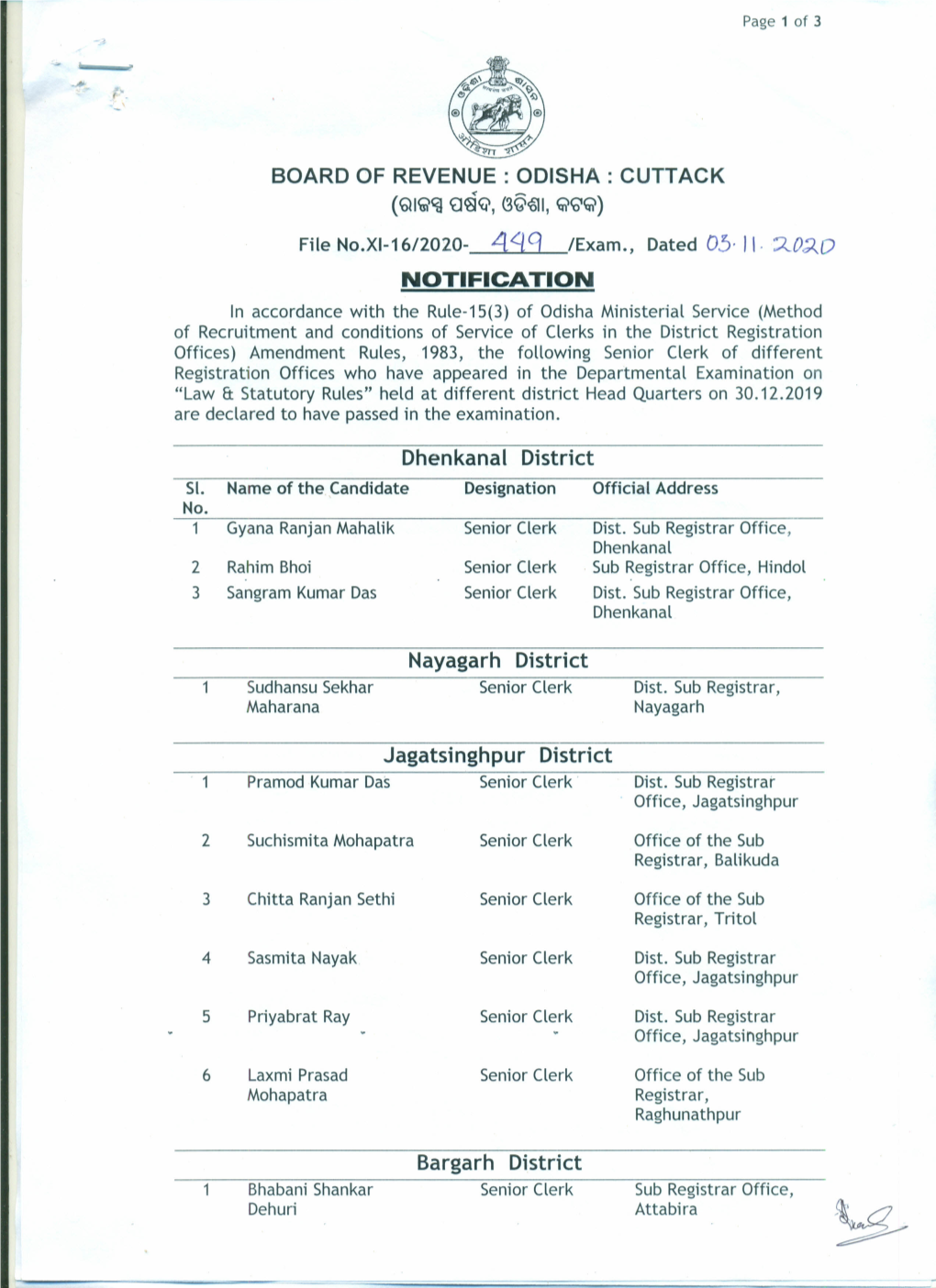 CUTTACK NOTIFICATION Dhenkanal District Nayagarh District