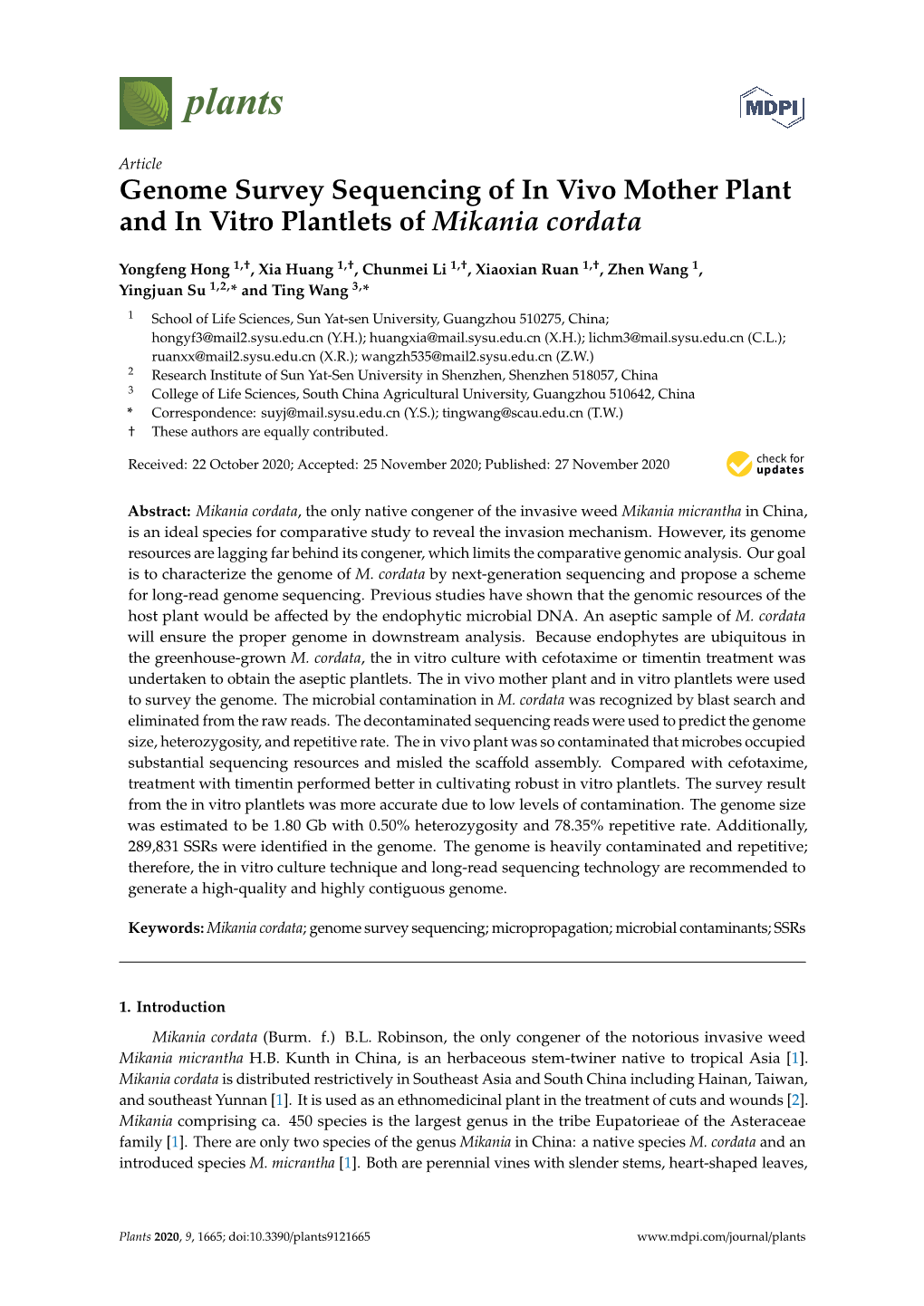 Genome Survey Sequencing of in Vivo Mother Plant and in Vitro Plantlets of Mikania Cordata