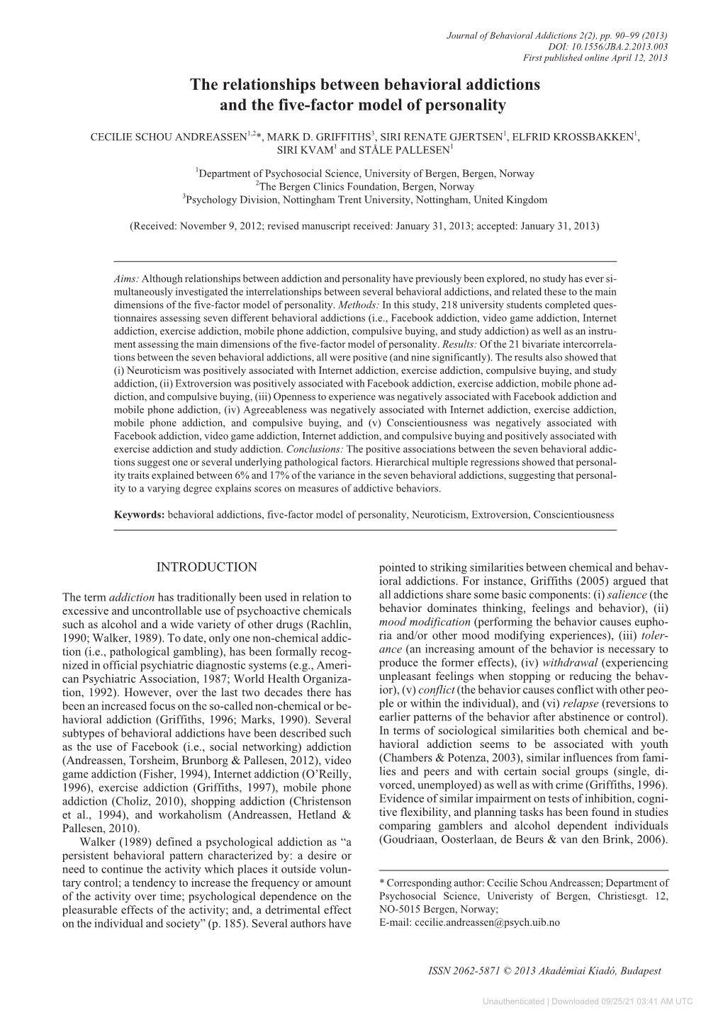 The Relationships Between Behavioral Addictions and the Five-Factor Model of Personality