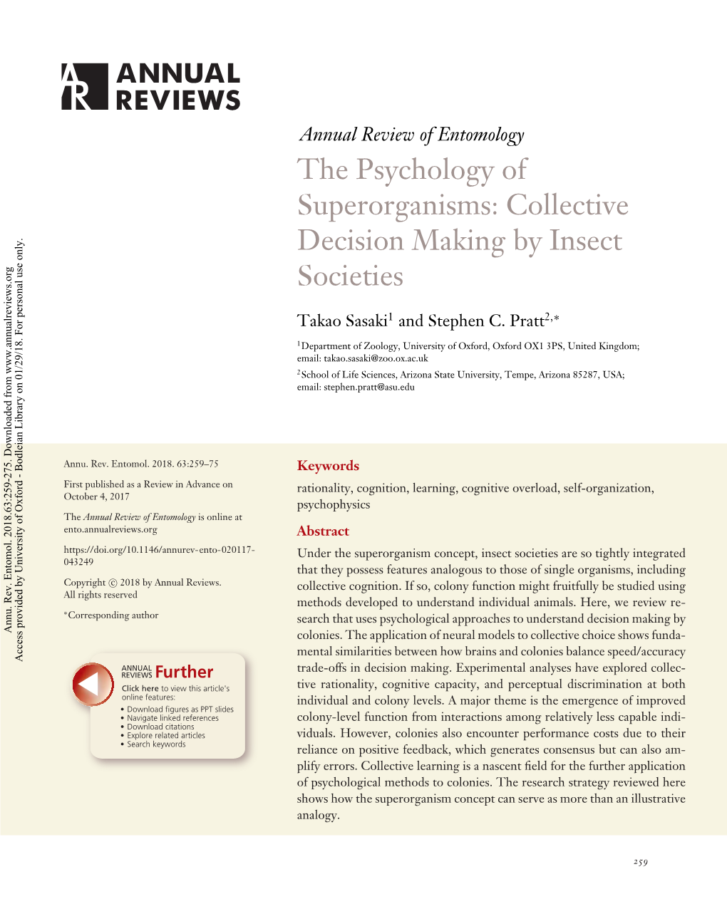 The Psychology of Superorganisms: Collective Decision Making by Insect Societies