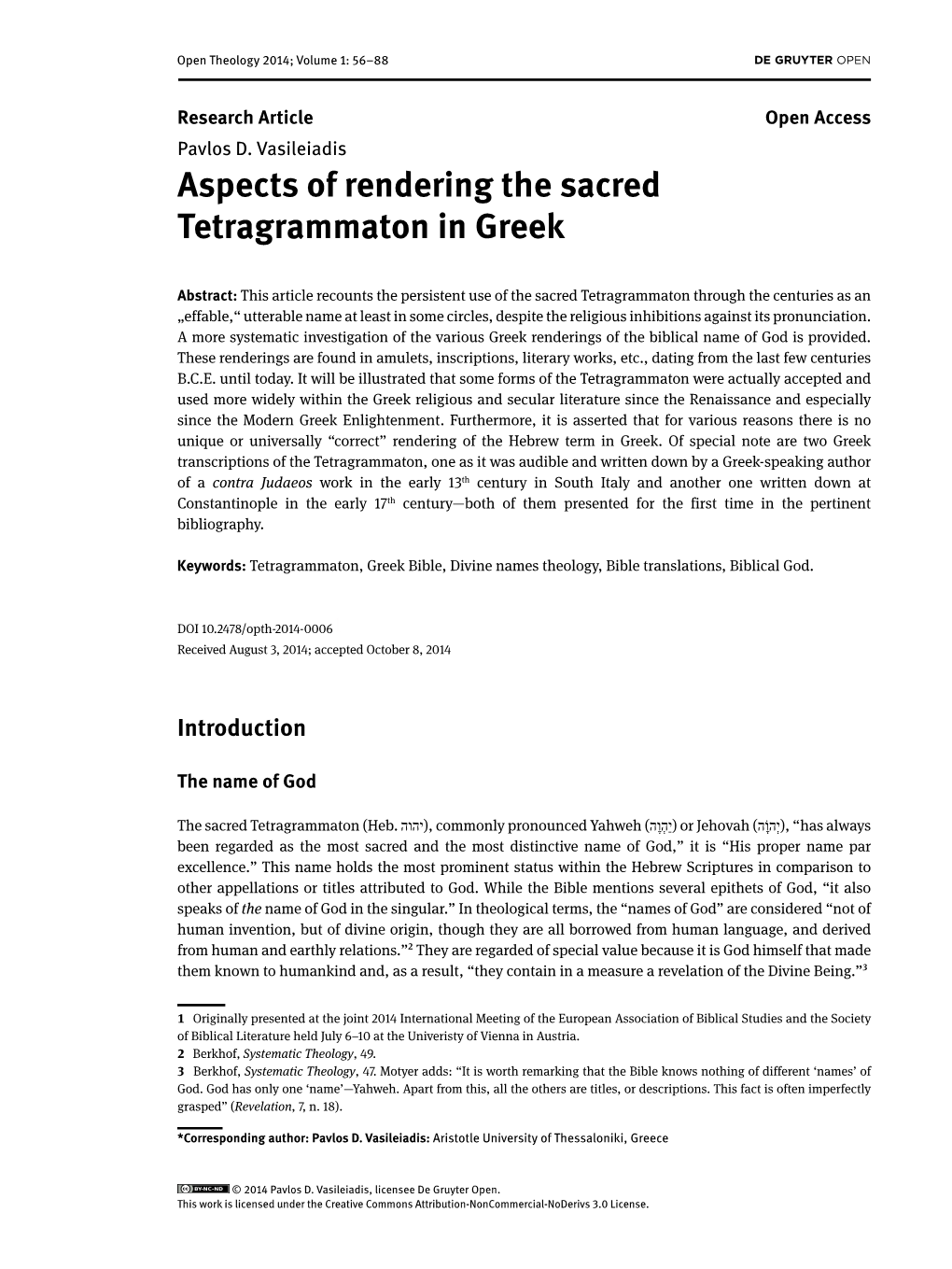 Aspects of Rendering the Sacred Tetragrammaton in Greek