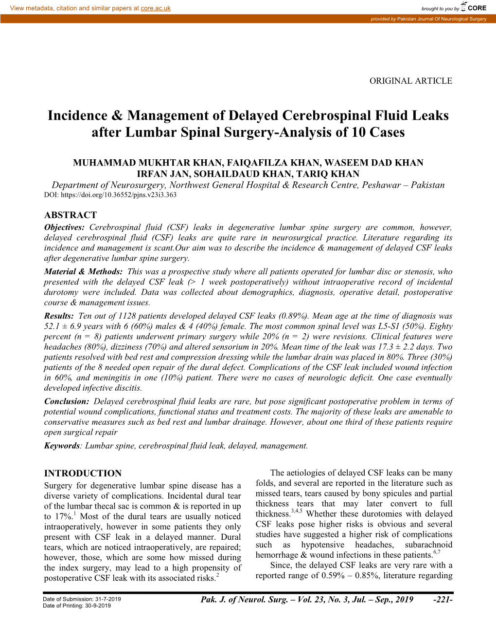 Incidence & Management of Delayed Cerebrospinal Fluid Leaks After