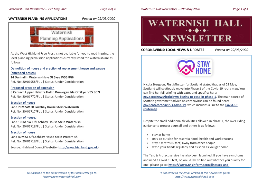 WATERNISH PLANNING APPLICATIONS Posted on 29/05/2020