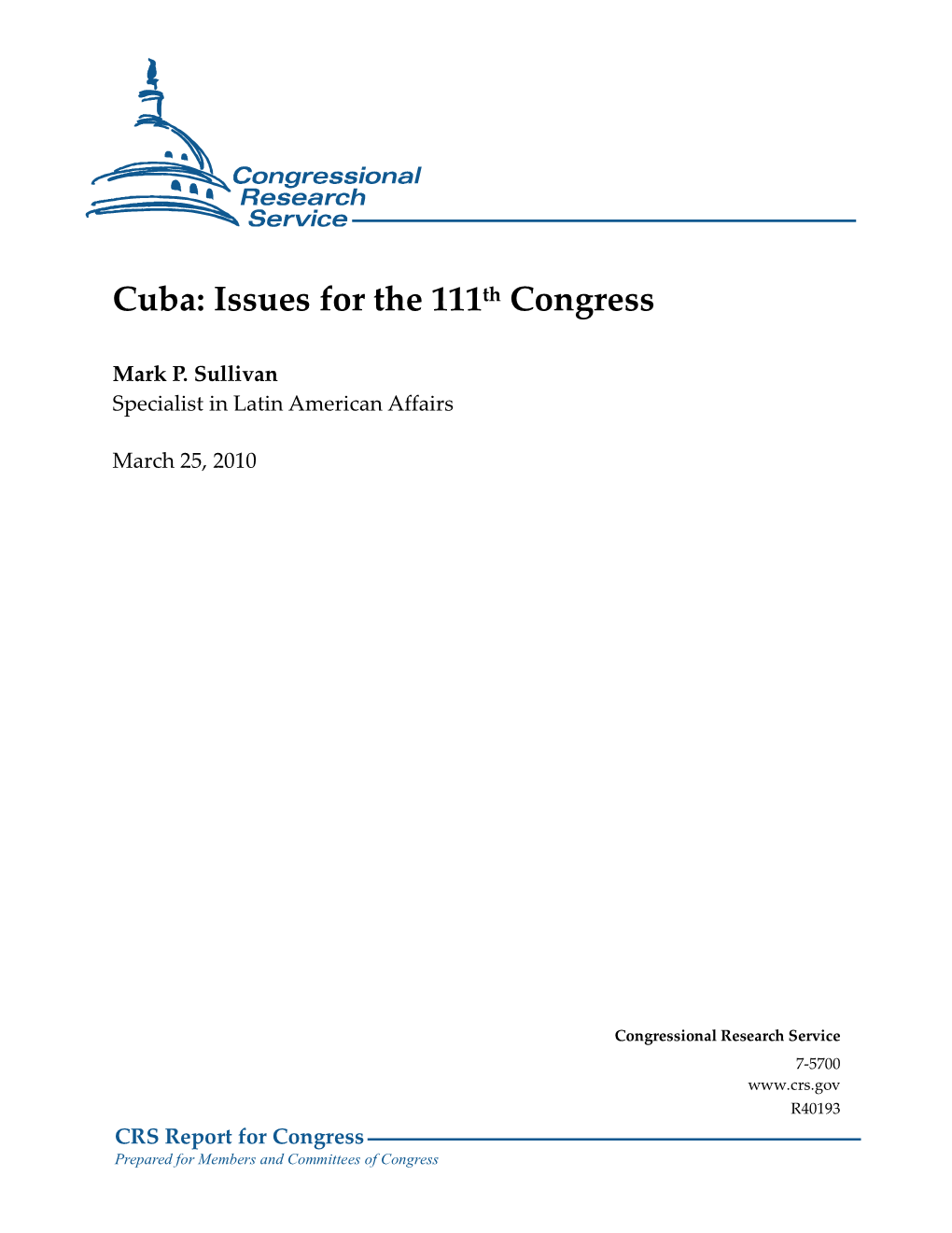 Cuba: Issues for the 111Th Congress