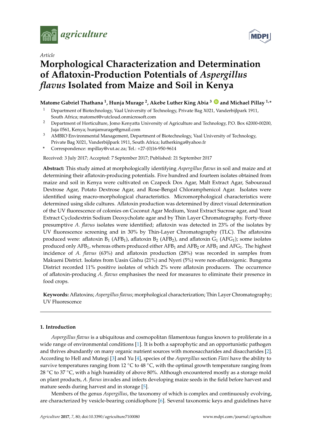 Morphological Characterization and Determination of Aflatoxin