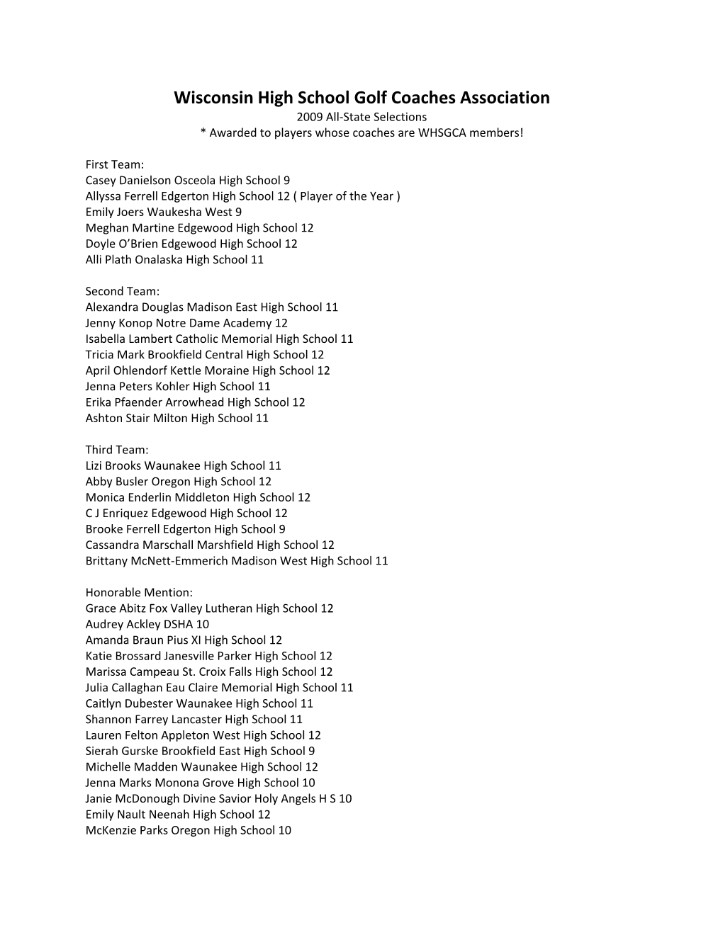 Wisconsin High School Golf Coaches Association 2009 All-State Selections * Awarded to Players Whose Coaches Are WHSGCA Members!