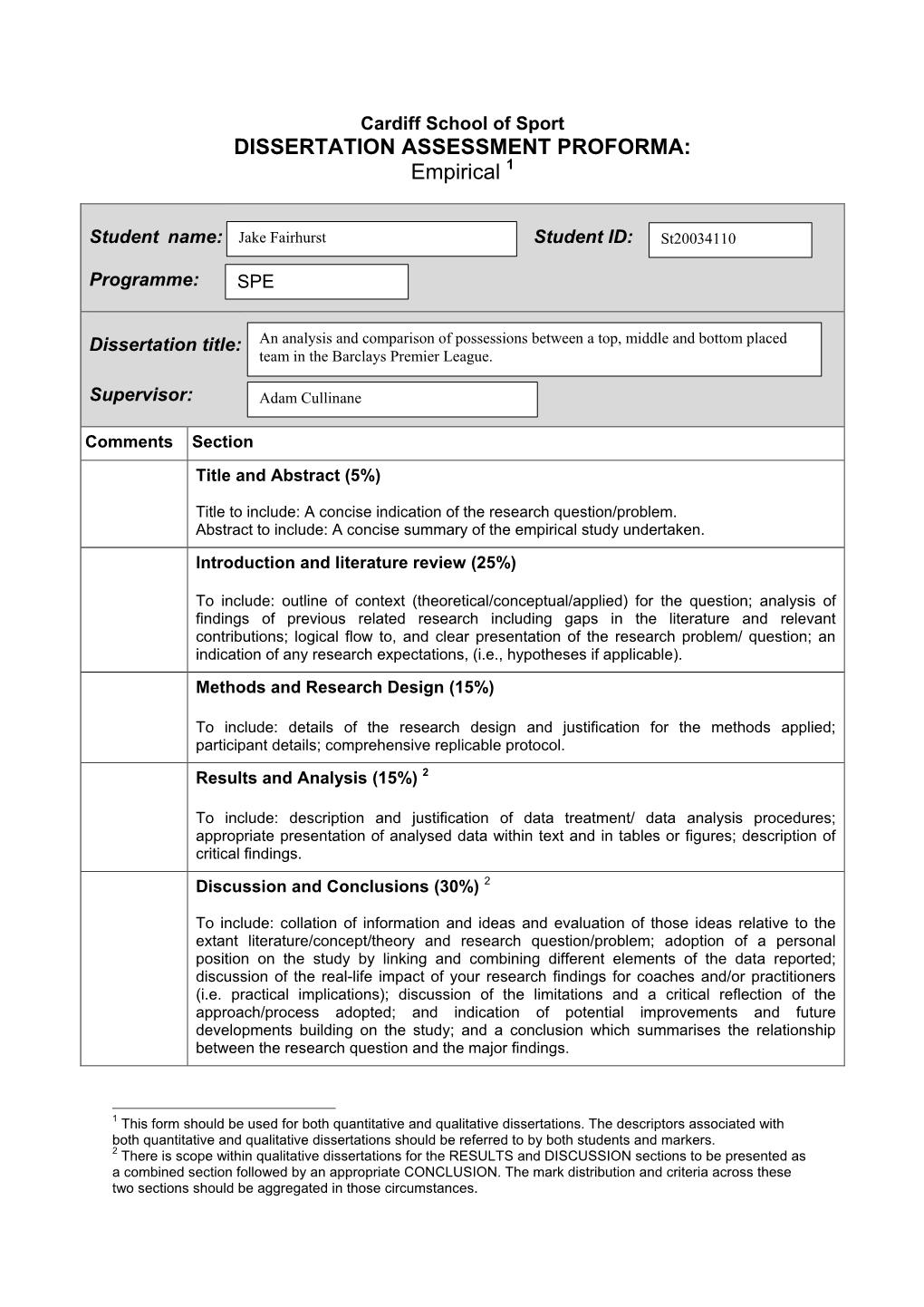 DISSERTATION ASSESSMENT PROFORMA: Empirical 1