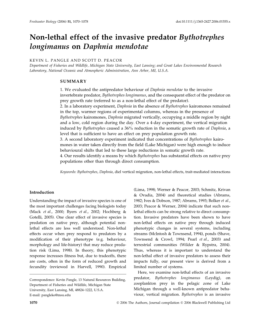 Non-Lethal Effect of the Invasive Predator Bythotrephes Longimanus on Daphnia Mendotae