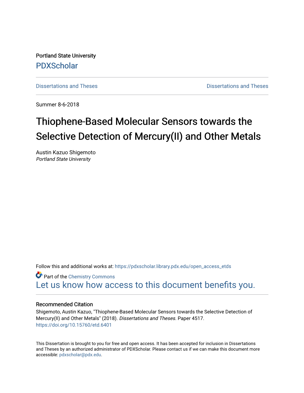 Thiophene-Based Molecular Sensors Towards the Selective Detection of Mercury(II) and Other Metals