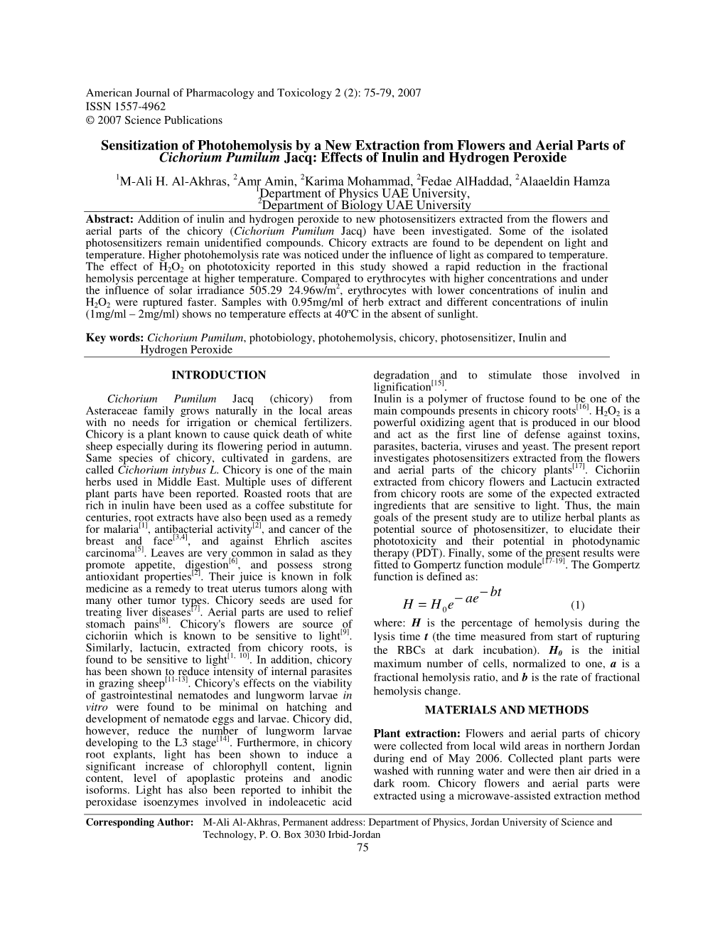 Sensitization of Photohemolysis by a New Extraction from Flowers and Aerial Parts of Cichorium Pumilum Jacq: Effects of Inulin and Hydrogen Peroxide