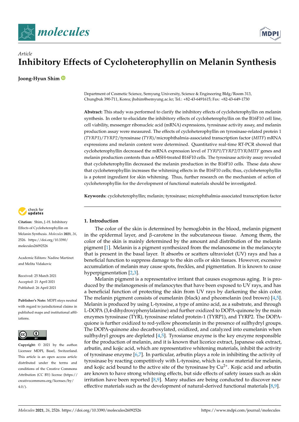 Inhibitory Effects of Cycloheterophyllin on Melanin Synthesis