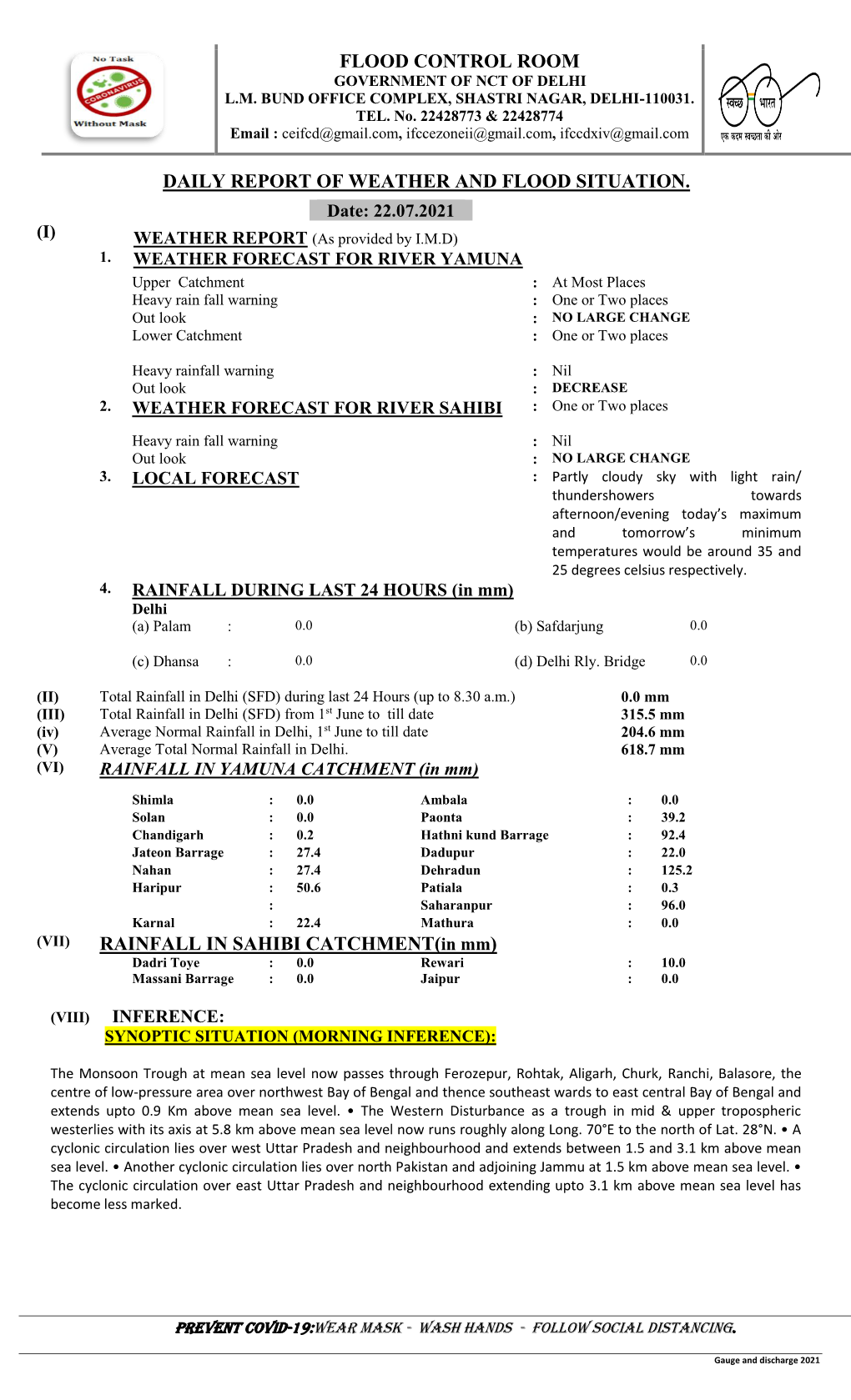 Daily Report of Weather and Flood Situation. Rainfall In