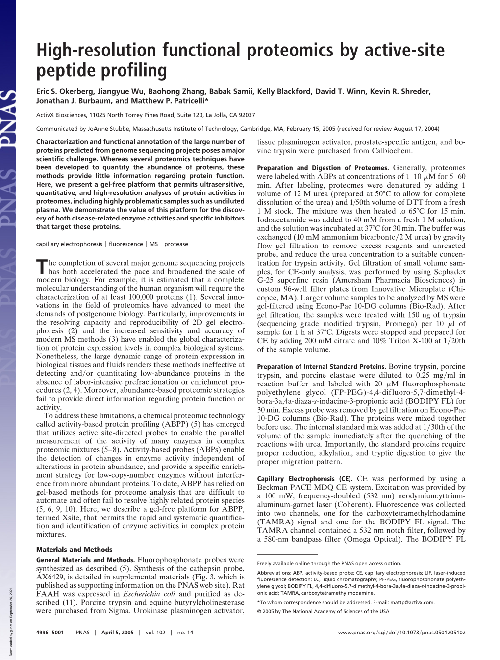 High-Resolution Functional Proteomics by Active-Site Peptide Profiling