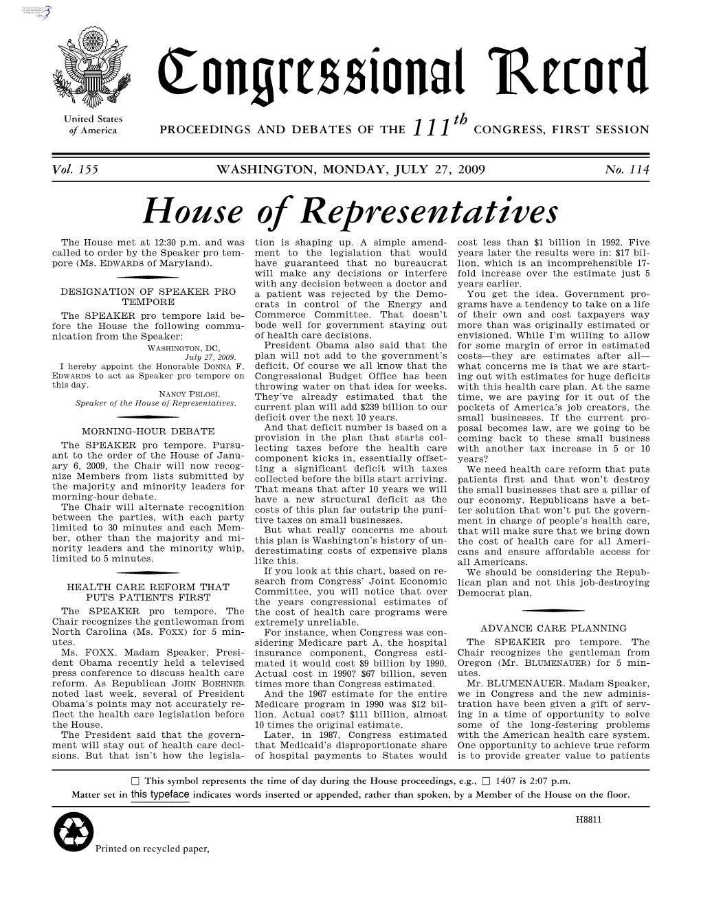 Congressional Record United States Th of America PROCEEDINGS and DEBATES of the 111 CONGRESS, FIRST SESSION