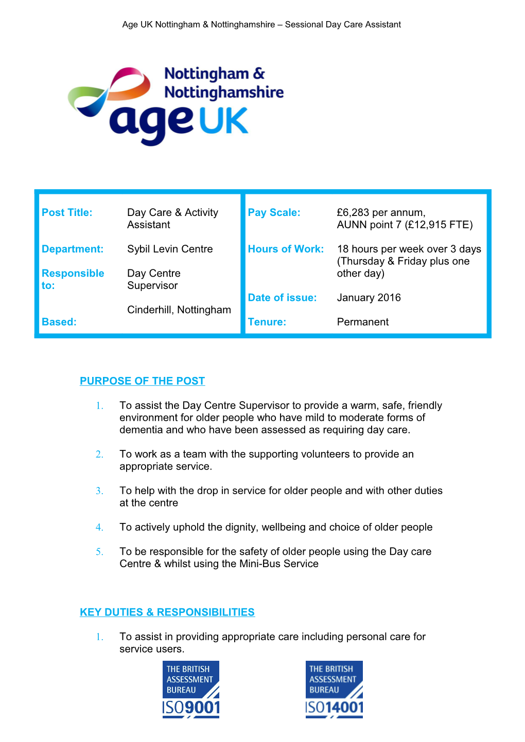 Age UK Nottingham Nottinghamshire Sessional Day Care Assistant