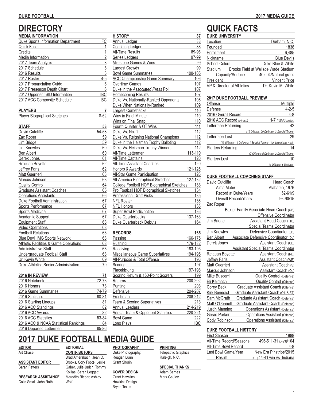 Directory 2017 Duke Football Media Guide Quick Facts