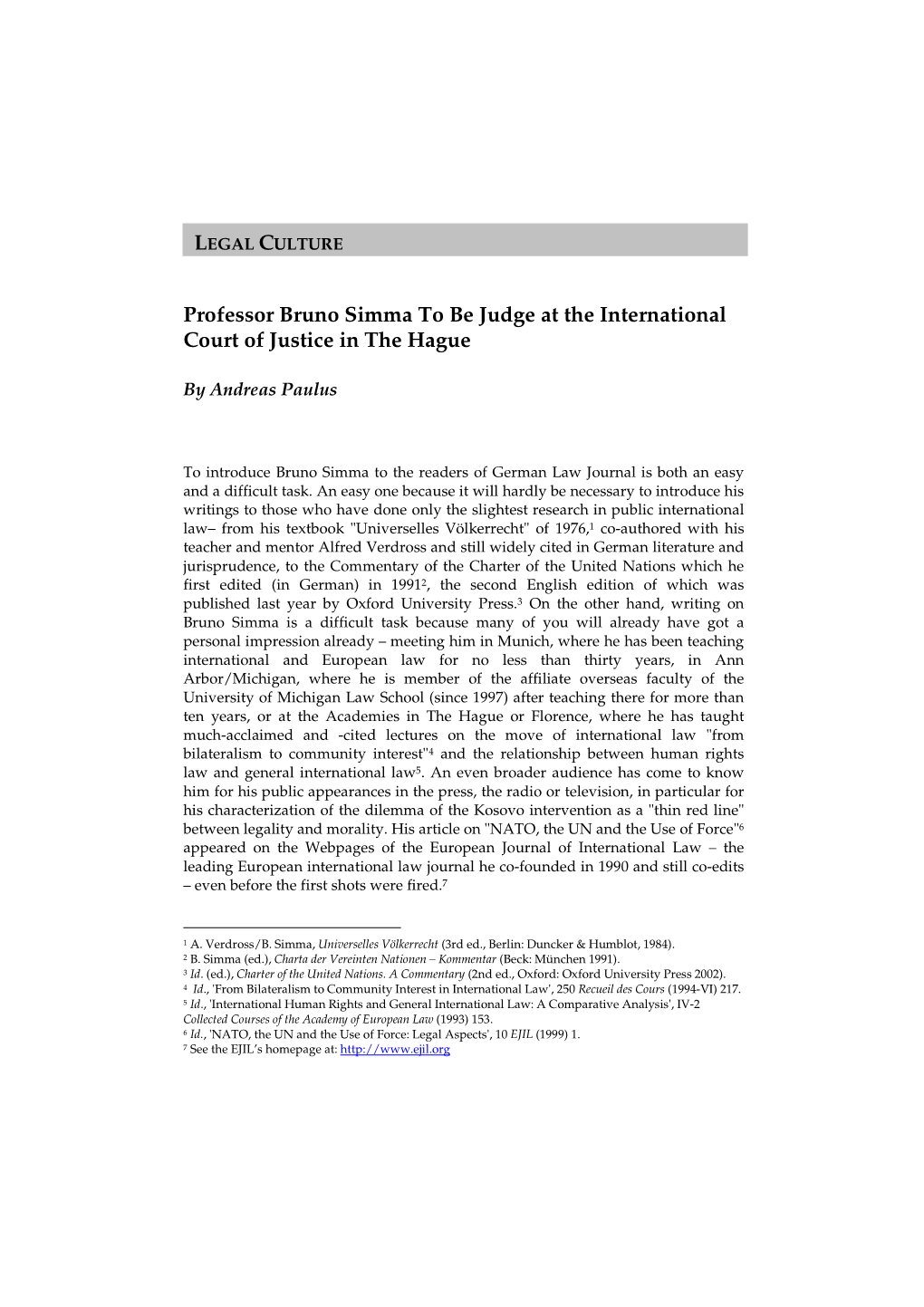 Professor Bruno Simma to Be Judge at the International Court of Justice in the Hague
