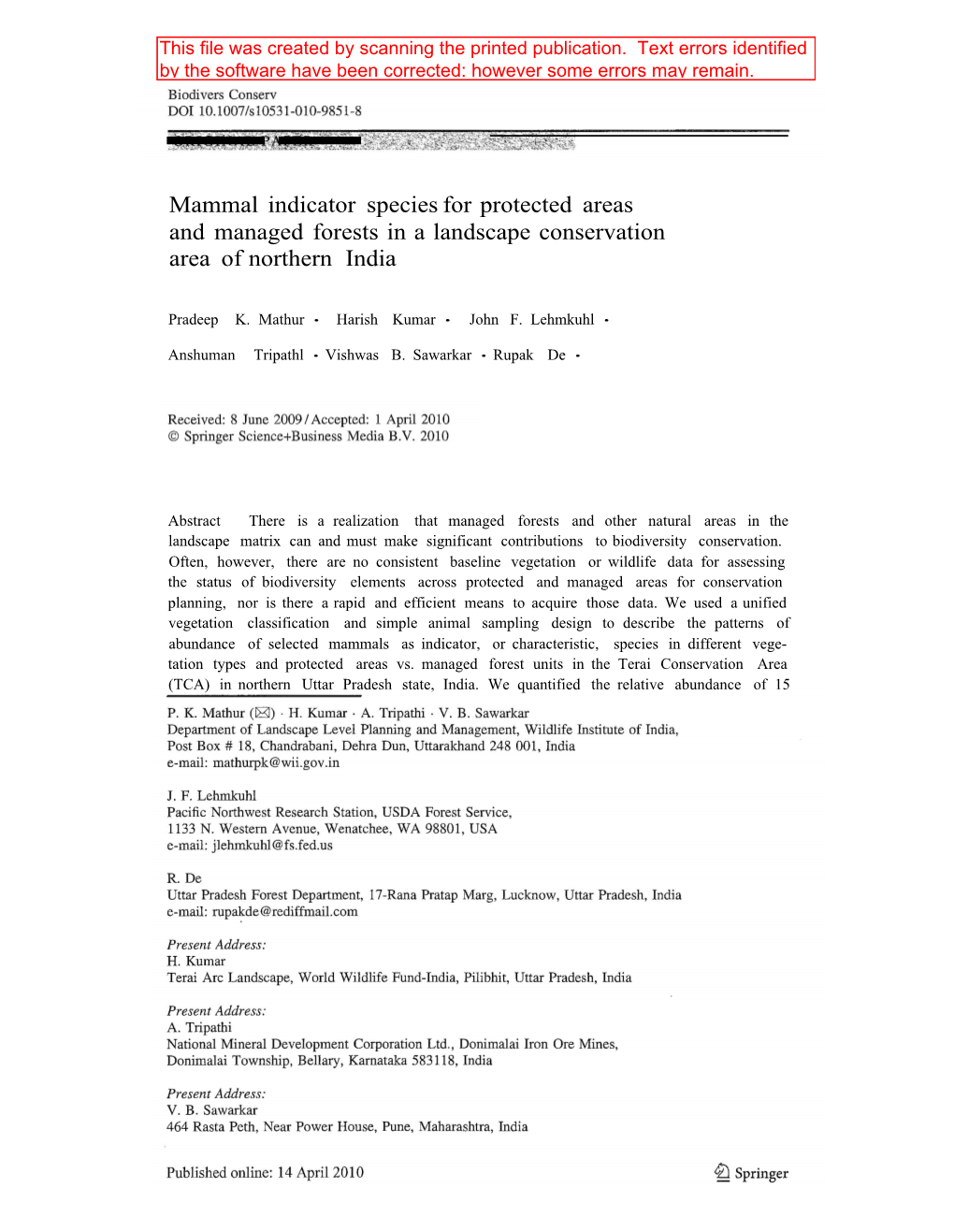 Mammal Indicator Speciesfor Protected Areas and Managed Forests in a Landscape Conservation Area of Northern India