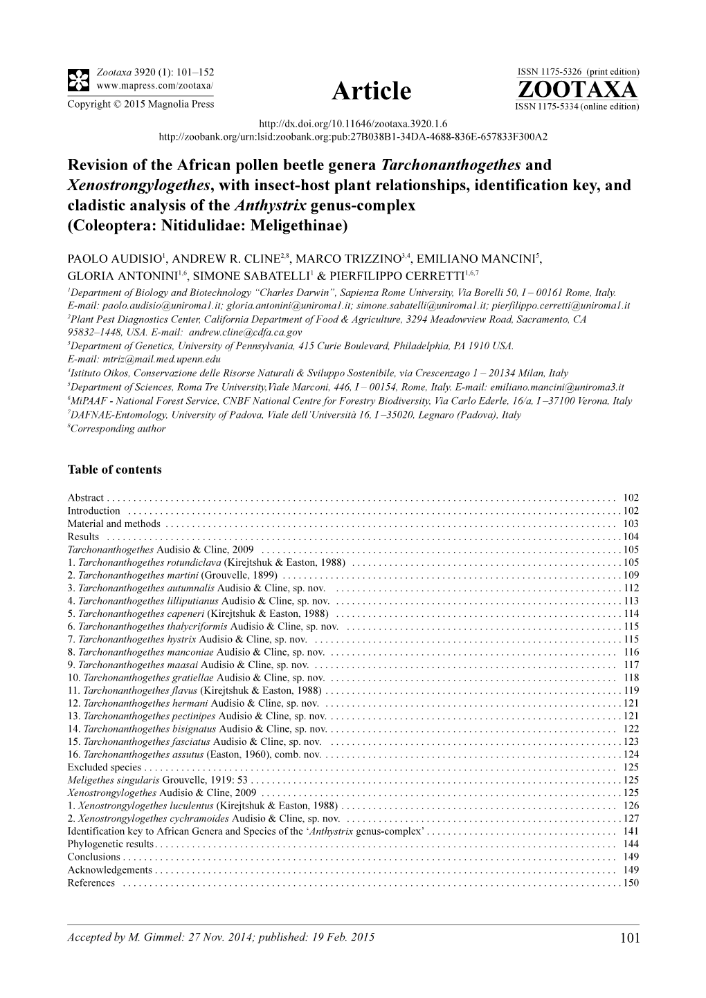 Revision of the African Pollen Beetle Genera Tarchonanthogethes and Xenostrongylogethes, with Insect-Host Plant Relationships, I