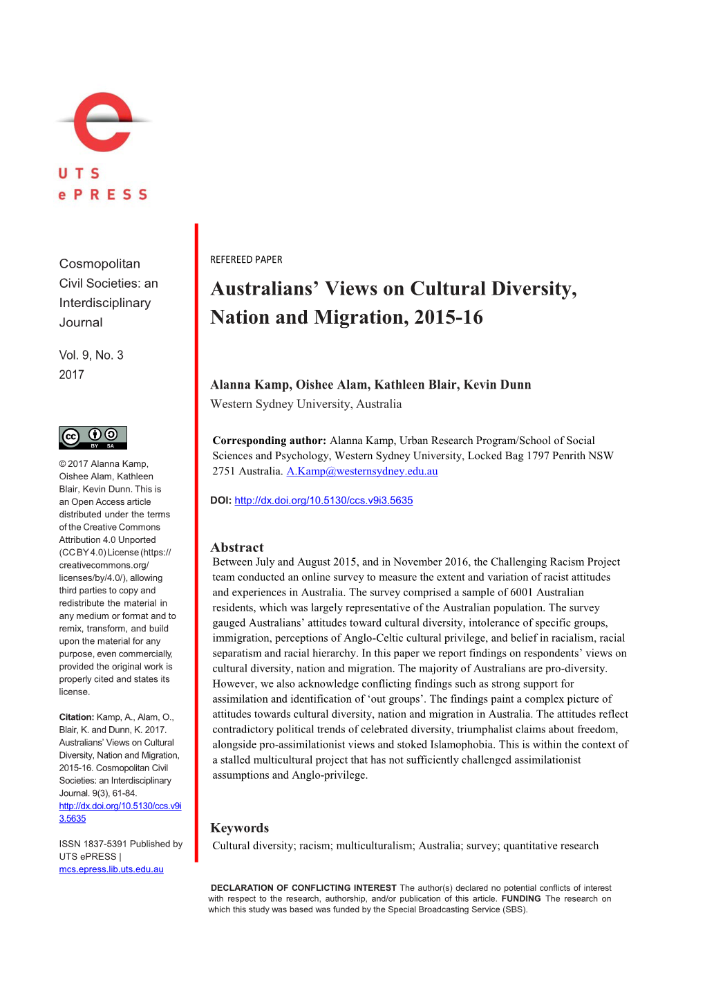 Australians' Views on Cultural Diversity, Nation and Migration