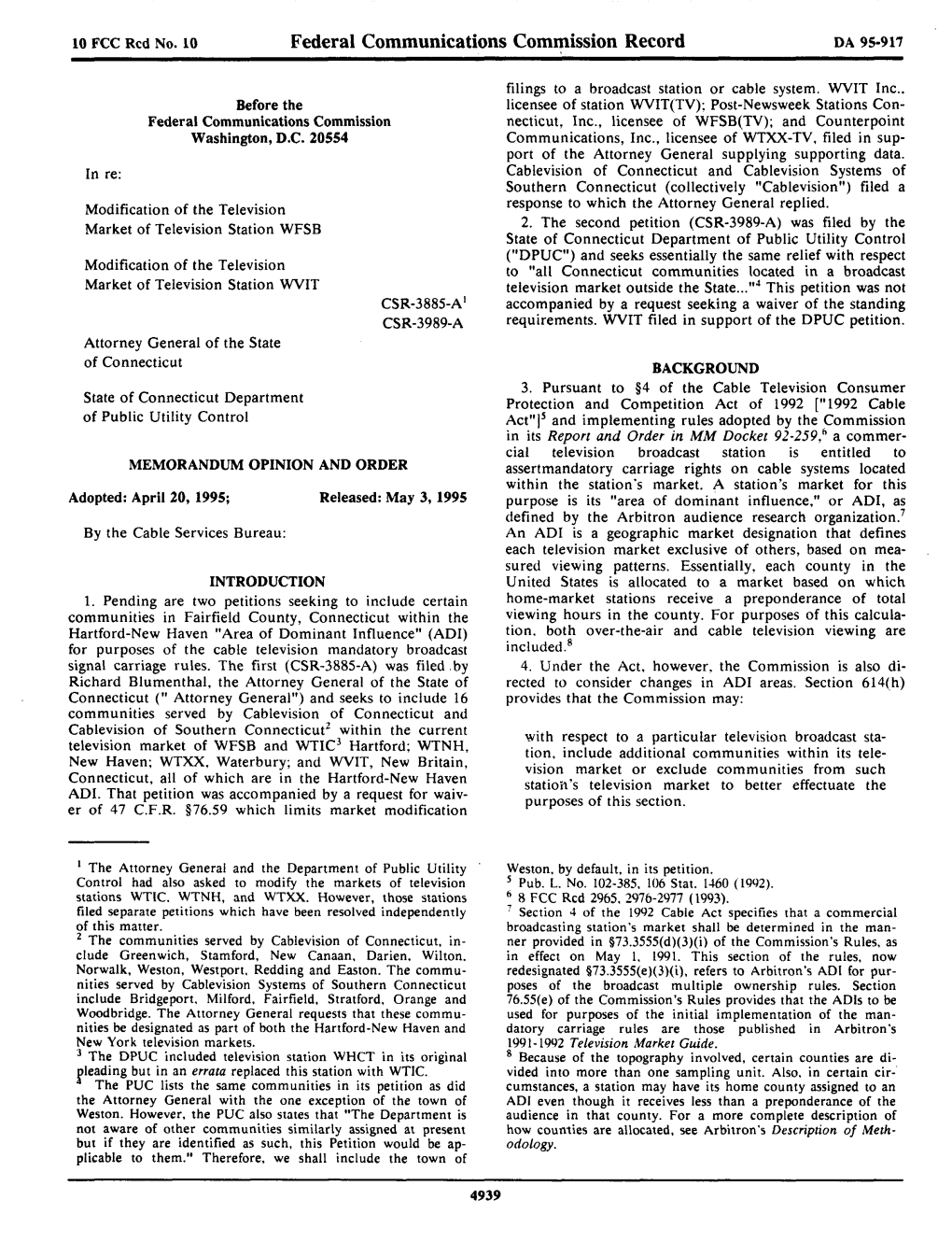 Federal Communications Commission Record DA 95-917
