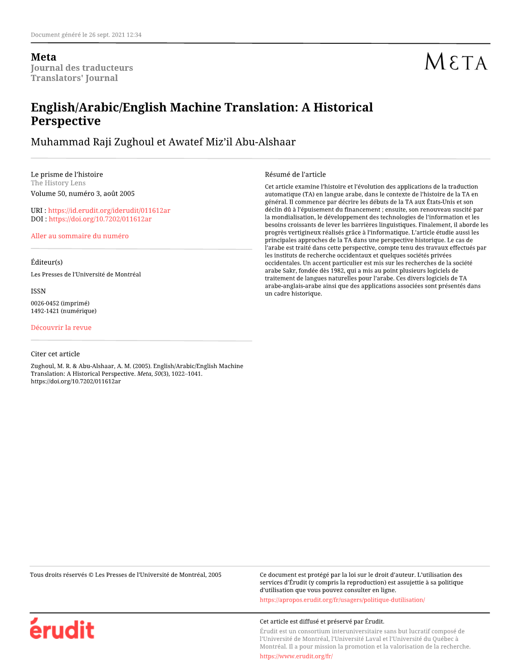 English/Arabic/English Machine Translation: a Historical Perspective Muhammad Raji Zughoul Et Awatef Miz’Il Abu-Alshaar