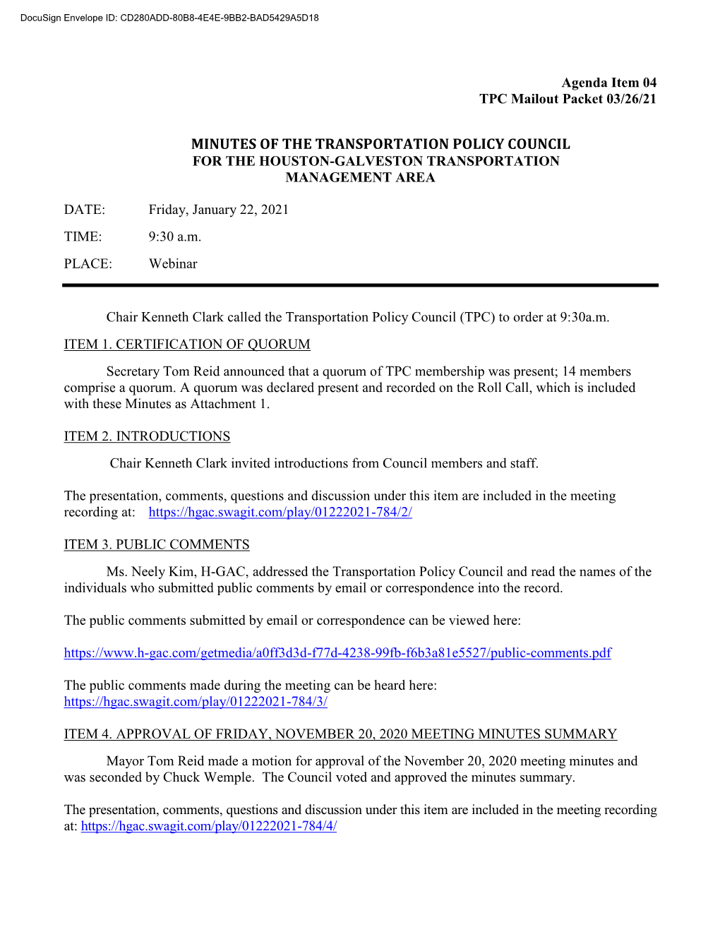 Minutes of the Transportation Policy Council for the Houston-Galveston Transportation Management Area