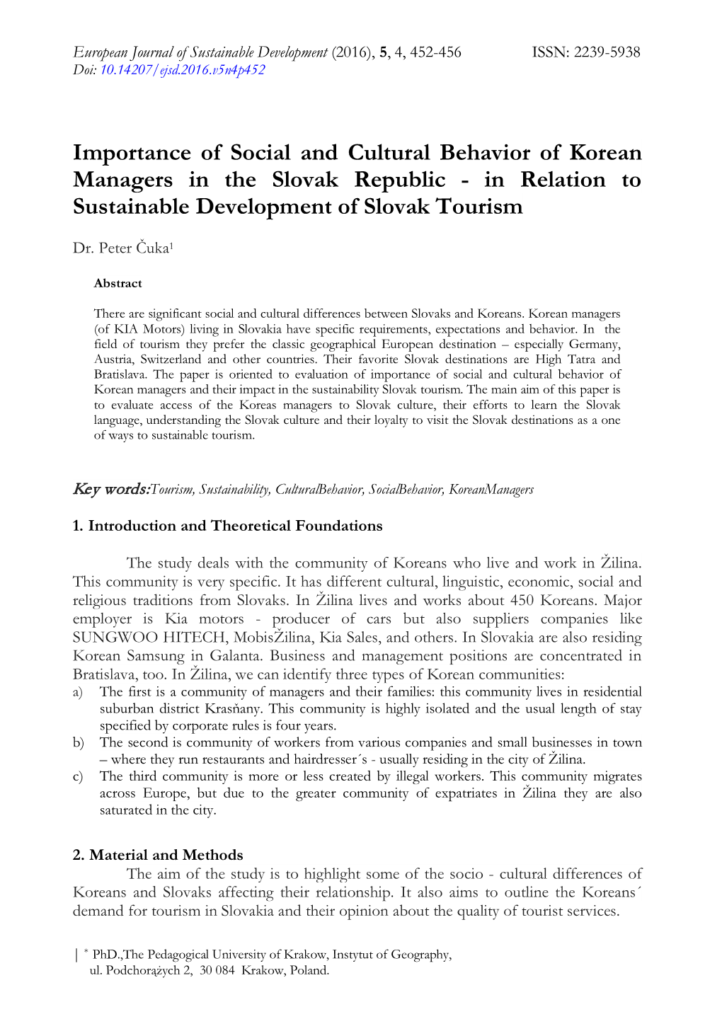 Importance of Social and Cultural Behavior of Korean Managers in the Slovak Republic - in Relation to Sustainable Development of Slovak Tourism