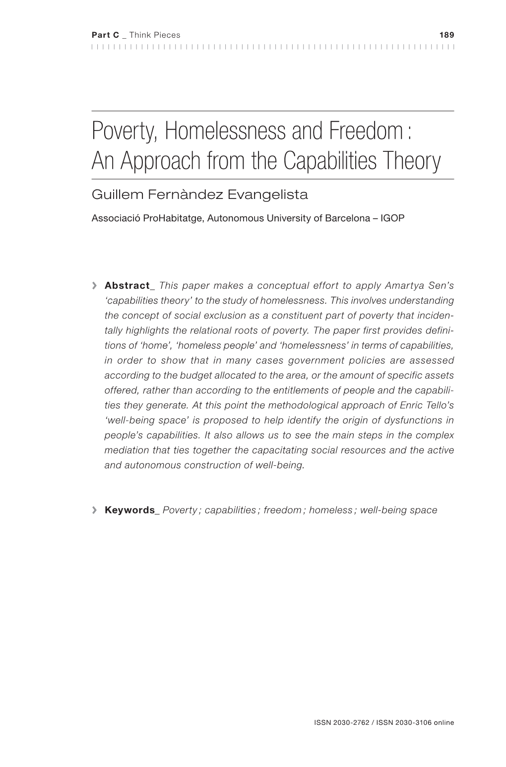 Poverty, Homelessness and Freedom : an Approach from the Capabilities Theory