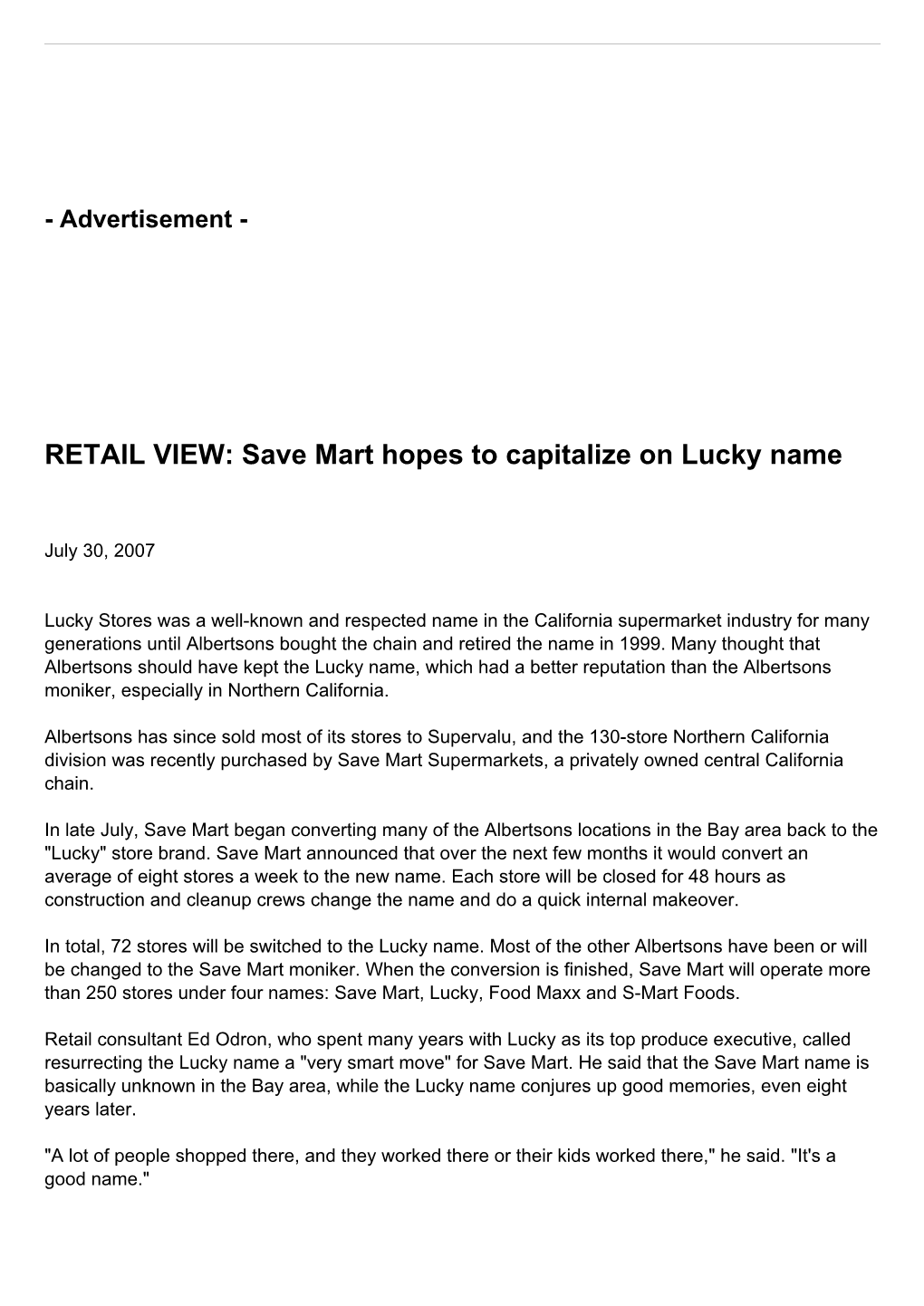 RETAIL VIEW: Save Mart Hopes to Capitalize on Lucky Name