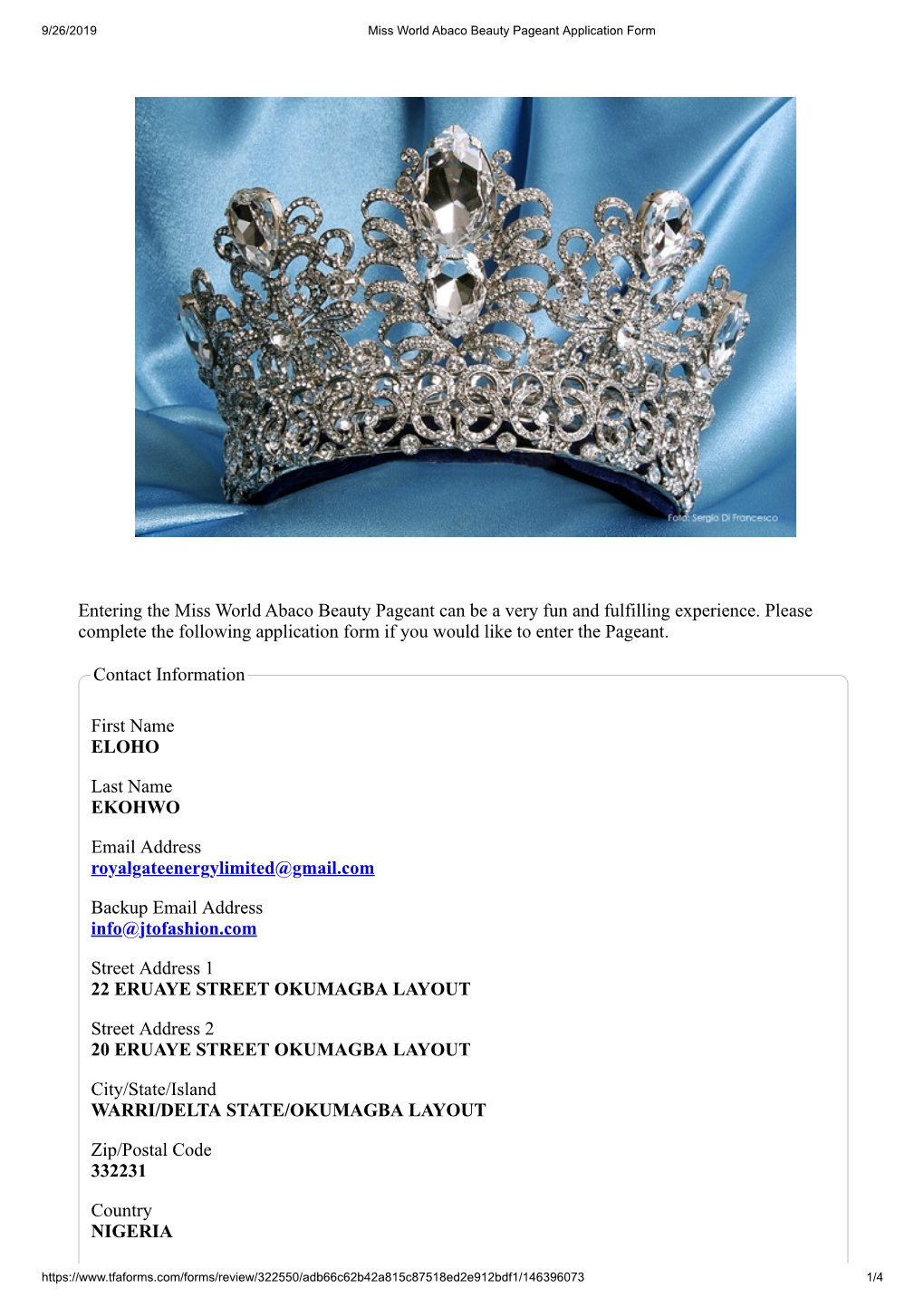 Miss World Abaco Beauty Pageant Application Form