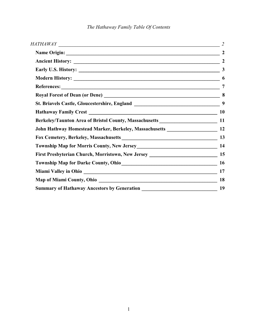 1 the Hathaway Family Table of Contents