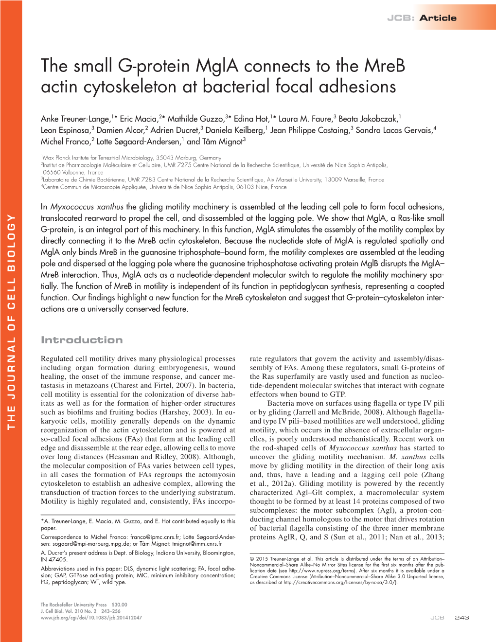 The Small G-Protein Mgla Connects to the Mreb Actin Cytoskeleton at Bacterial Focal Adhesions