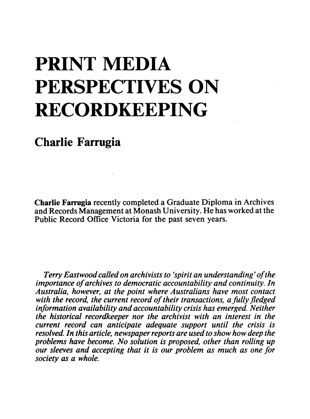 Print Media Perspectives on Recordkeeping