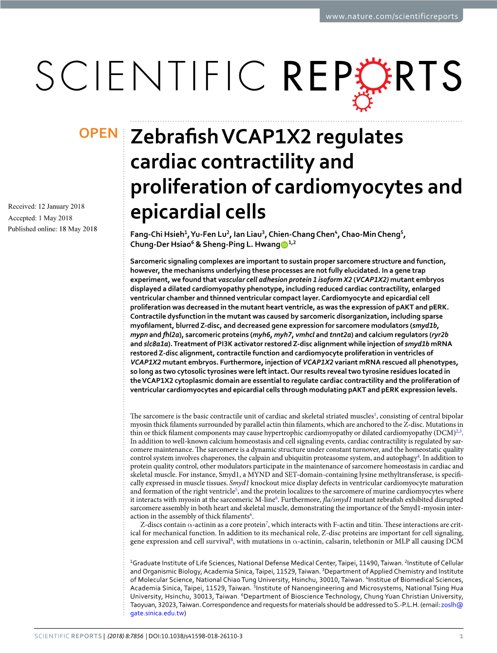 Zebrafish VCAP1X2 Regulates Cardiac Contractility and Proliferation Of