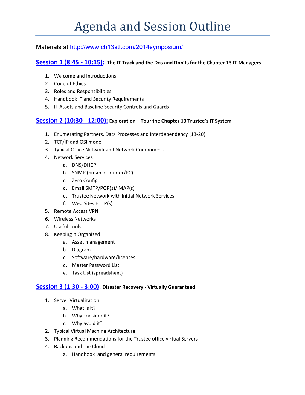 Agenda and Session Outline
