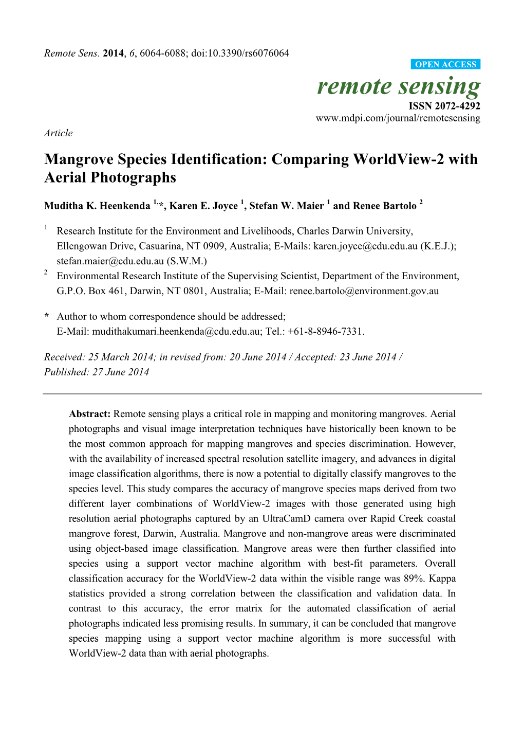 Mangrove Species Identification: Comparing Worldview-2 with Aerial Photographs