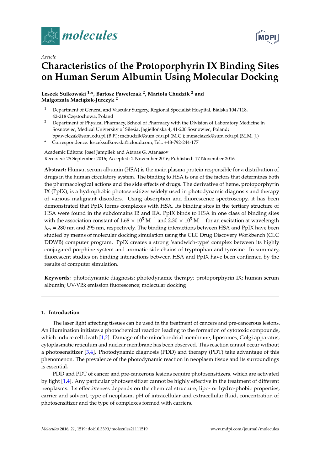 Characteristics of the Protoporphyrin IX Binding Sites on Human Serum Albumin Using Molecular Docking