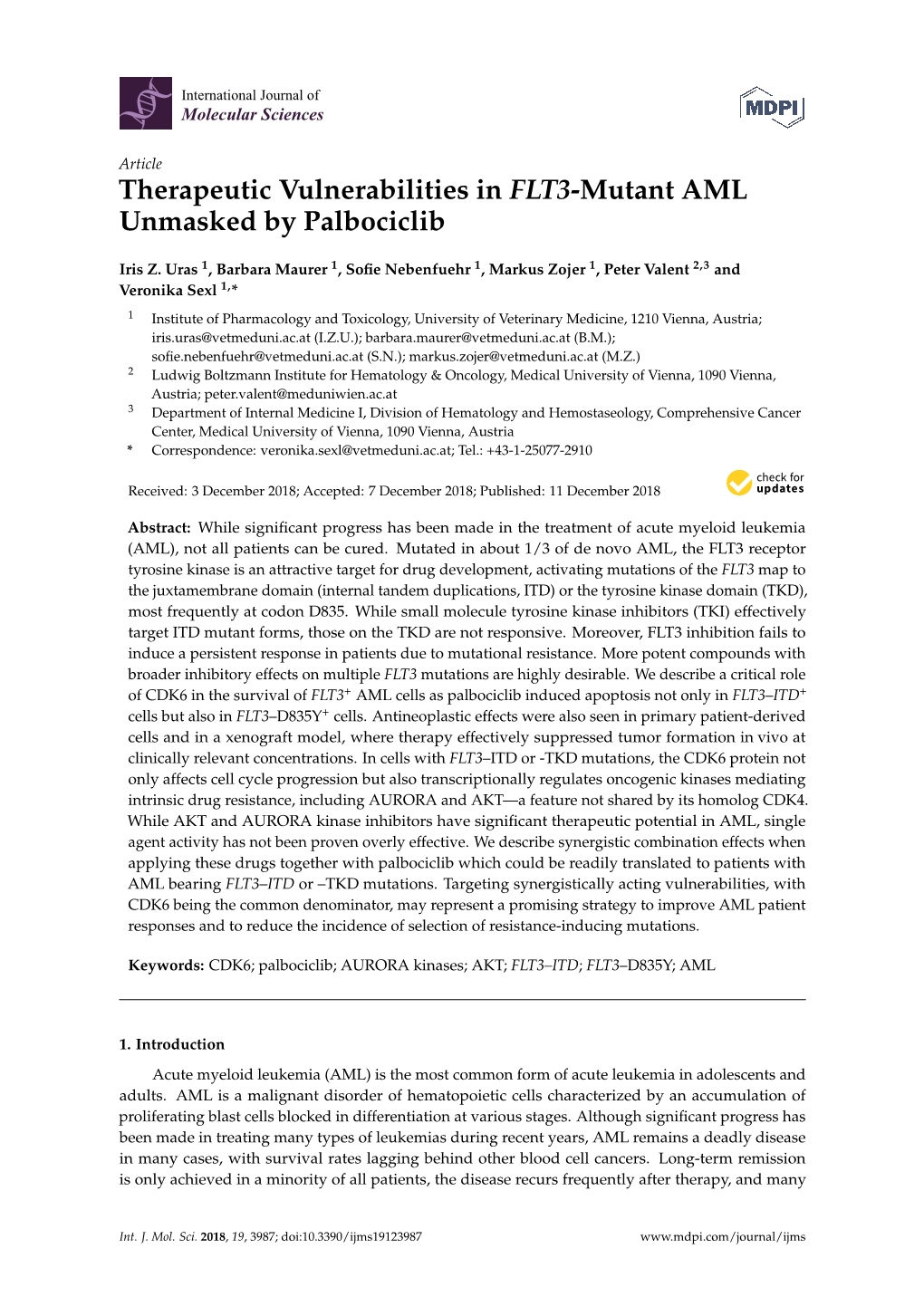 Therapeutic Vulnerabilities in FLT3-Mutant AML Unmasked by Palbociclib